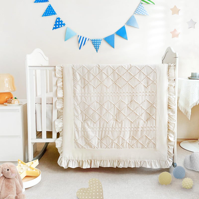 Wowelife Crib Bedding Set for Girls, 3 Pieces Baby Crib Bedding Set Newborn, Mini Tufted Jacquard Ruffle Fringe Boho, Infant & Nursery with Comforter, Crib Fitted Sheet and Crib Skirt, Beige - Image 1
