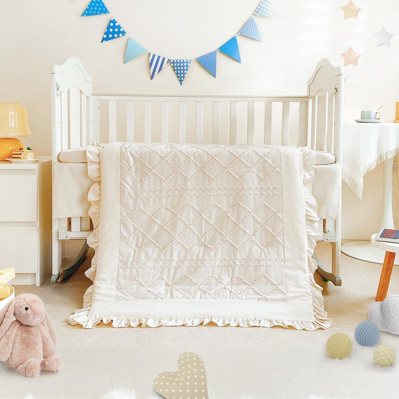 Wowelife Crib Bedding Set for Girls, 3 Pieces Baby Crib Bedding Set Newborn, Mini Tufted Jacquard Ruffle Fringe Boho, Infant & Nursery with Comforter, Crib Fitted Sheet and Crib Skirt, Beige - Image 2