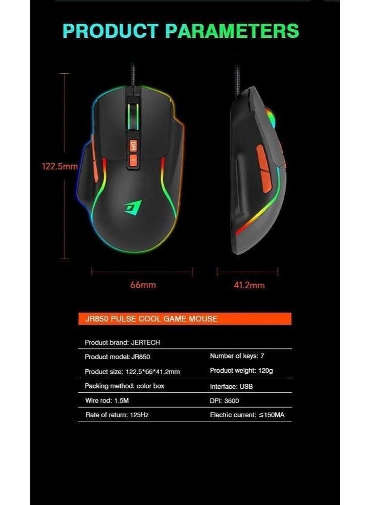 ماوس العاب سلكي USB من جيرتيك - بصري 4800DPI / 60IPS / 20G / 7 ازرار - اضاءة خلفية RGB كروما - 10 متر نقرة - كابل مضفر 1.5 متر - ماوس العاب مريح للكمبيوتر واللاب توب | اسود (JR850) - Image 3