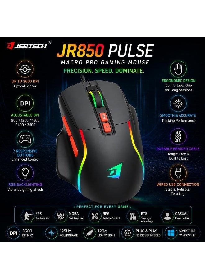 ماوس العاب سلكي USB من جيرتيك - بصري 4800DPI / 60IPS / 20G / 7 ازرار - اضاءة خلفية RGB كروما - 10 متر نقرة - كابل مضفر 1.5 متر - ماوس العاب مريح للكمبيوتر واللاب توب | اسود (JR850) - Image 2