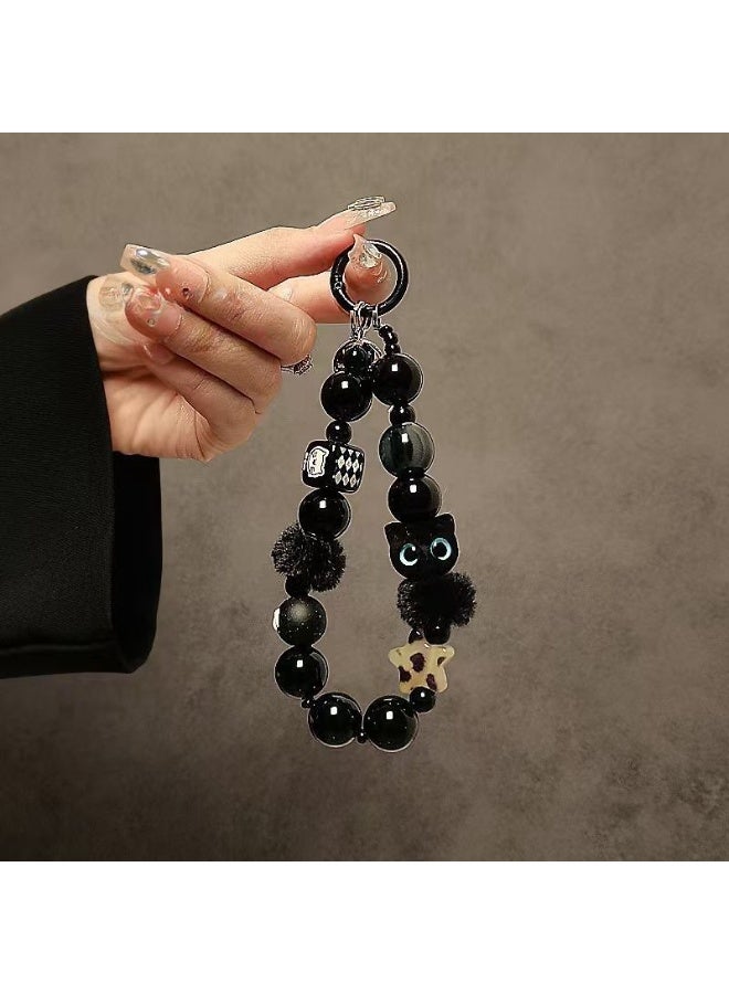 NIBEMINENT Phone Charm/ Chain Strap for Women Girls, Black Fuzzy Cat Cell Phone Case Lanyard Wrist Strap