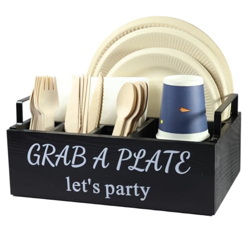 QUALLON Paper Plate Holder, Utensil Caddy Organizer, Wood Paper Plate Dispenser, Silverware Caddy Holder, and Disposable Coffee Bar Accessories Box for Kitchen Counter, Party, Camping, Picnic (6 compartment) - Image 1
