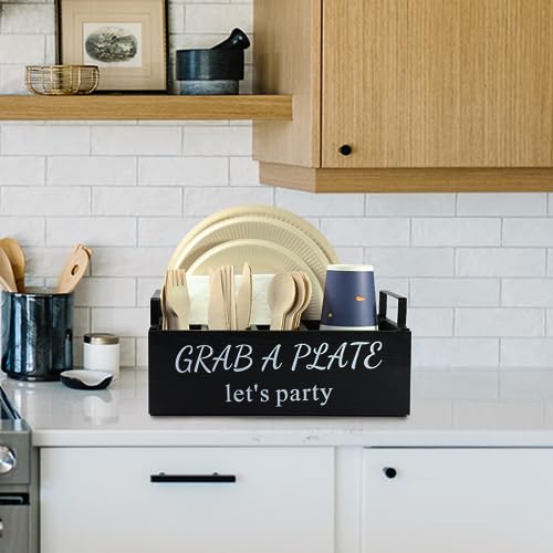 QUALLON Paper Plate Holder, Utensil Caddy Organizer, Wood Paper Plate Dispenser, Silverware Caddy Holder, and Disposable Coffee Bar Accessories Box for Kitchen Counter, Party, Camping, Picnic (6 compartment) - Image 3