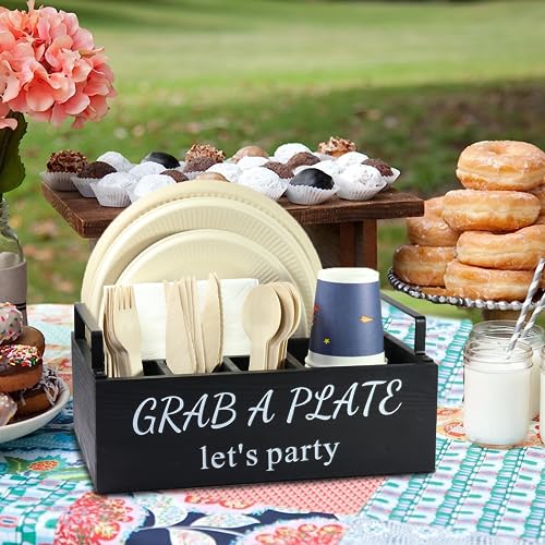 QUALLON Paper Plate Holder, Utensil Caddy Organizer, Wood Paper Plate Dispenser, Silverware Caddy Holder, and Disposable Coffee Bar Accessories Box for Kitchen Counter, Party, Camping, Picnic (6 compartment) - Image 4