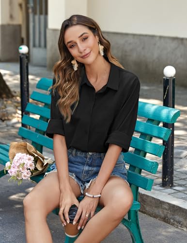Zeagoo Womans Cotton Long Sleeve Top Lady V Neck Linen Button Up Blouses Loose Fit Collared Shirt Summer Black - Image 5