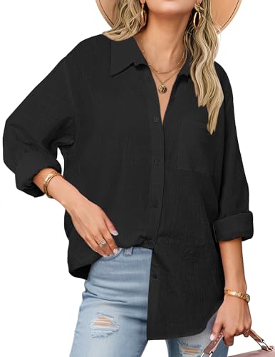 Zeagoo Womans Cotton Long Sleeve Top Lady V Neck Linen Button Up Blouses Loose Fit Collared Shirt Summer Black - Image 1