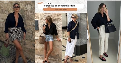 Zeagoo Womans Cotton Long Sleeve Top Lady V Neck Linen Button Up Blouses Loose Fit Collared Shirt Summer Black - Image 3