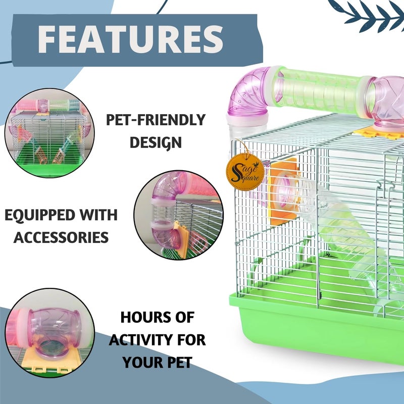 Sage Square قفص هامستر - موطن واسع وقوي للحيوانات الأليفة الصغيرة، مثالي للسفر، عجلة تمرين، سهل التنظيف، نظام قفل آمن، تهوية، ملحقات ممتعة، جربيل، فأر (النوع 2) - Image 4