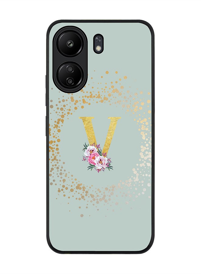 Stylizedd Rugged Black Edge Case for Xiaomi Redmi 13C 4G, Slim fit Case Cover Custom Monogram Initial Letter Floral Pattern Alphabet - V (Light Grey) - Image 1