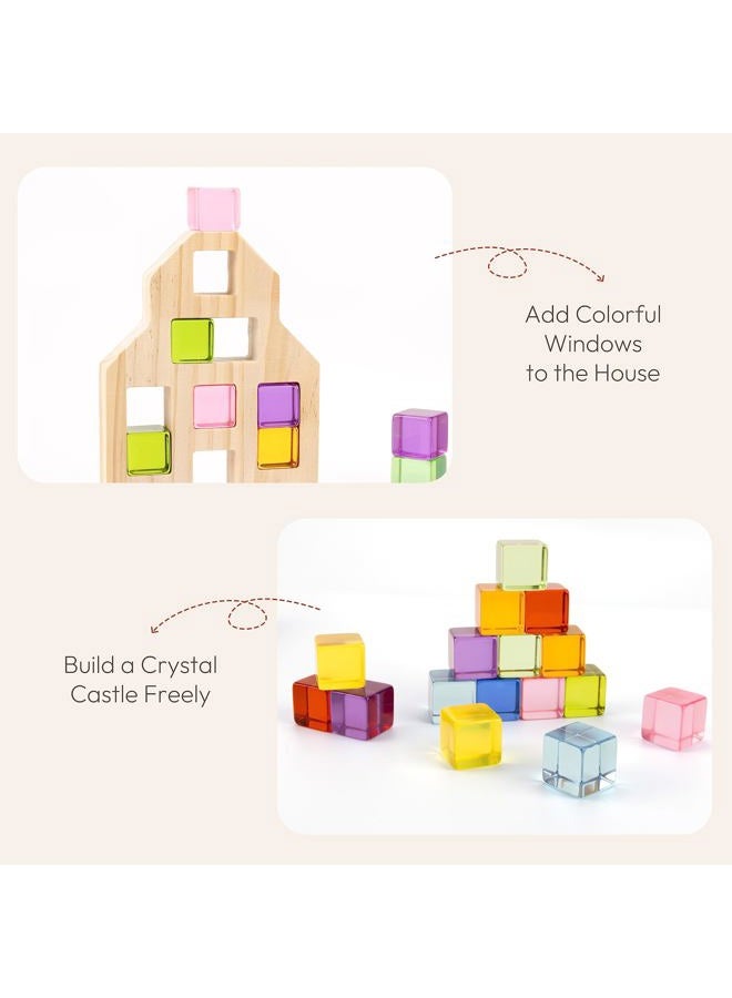 Woodtoe Wooden Building Blocks Set for Kids, 36 PCS Rainbow Acrylic Gem Cubes Blocks - 3 Wood House, Montessori Stacking Toy for Toddlers, Educational STEM Toys Birthday for Boys Girls 3-6 - Image 3