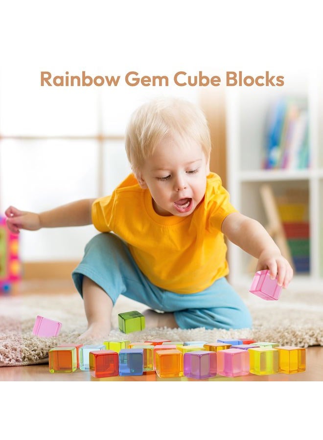 Woodtoe Wooden Building Blocks Set for Kids, 36 PCS Rainbow Acrylic Gem Cubes Blocks - 3 Wood House, Montessori Stacking Toy for Toddlers, Educational STEM Toys Birthday for Boys Girls 3-6 - Image 2