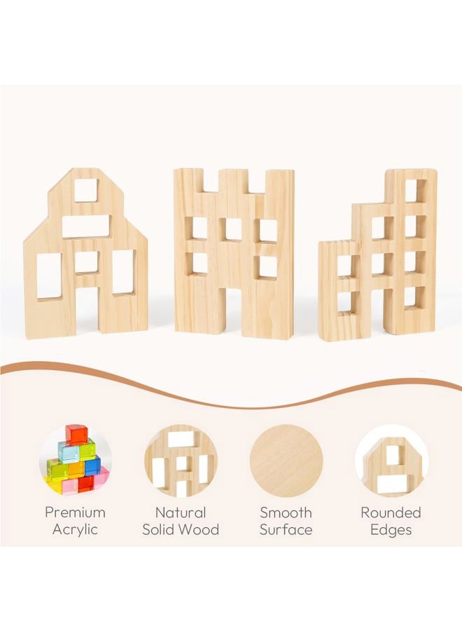 Woodtoe Wooden Building Blocks Set for Kids, 36 PCS Rainbow Acrylic Gem Cubes Blocks - 3 Wood House, Montessori Stacking Toy for Toddlers, Educational STEM Toys Birthday for Boys Girls 3-6 - Image 4