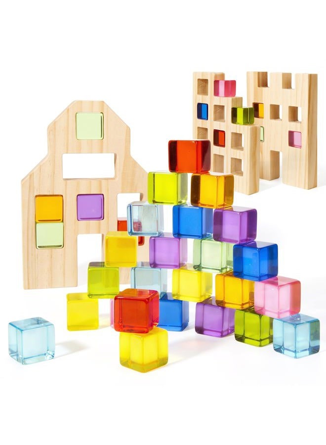 Woodtoe Wooden Building Blocks Set for Kids, 36 PCS Rainbow Acrylic Gem Cubes Blocks - 3 Wood House, Montessori Stacking Toy for Toddlers, Educational STEM Toys Birthday for Boys Girls 3-6 - Image 1