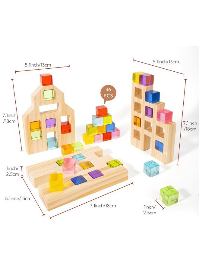 Woodtoe Wooden Building Blocks Set for Kids, 36 PCS Rainbow Acrylic Gem Cubes Blocks - 3 Wood House, Montessori Stacking Toy for Toddlers, Educational STEM Toys Birthday for Boys Girls 3-6 - Image 5