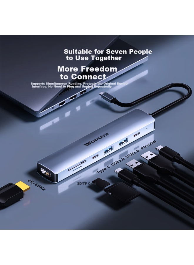 Wopu Type-c To Hdmi Expansion Dock, Usb-c Hub Adapter, 4k60hz Frame Sd/tf Card Reader, 7-in Splitter Converter, Compatible With Apple Macbook And Huawei Computers