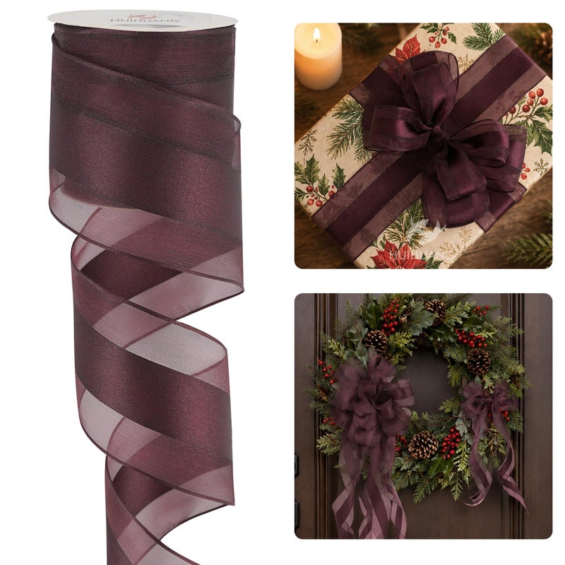 HUIHUANG Burgundy Sheer Christmas Ribbon with Satin Stripe 25 inch Burgundy Wired Ribbon for Bows Making Wreaths Garland Gift Wrapping Wedding Bridal Shower DecorationsContinous 10 Yards - Image 3