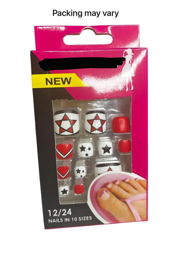 Pack of 12 Fake Toenails - Unique Design Double Sided Adhesive