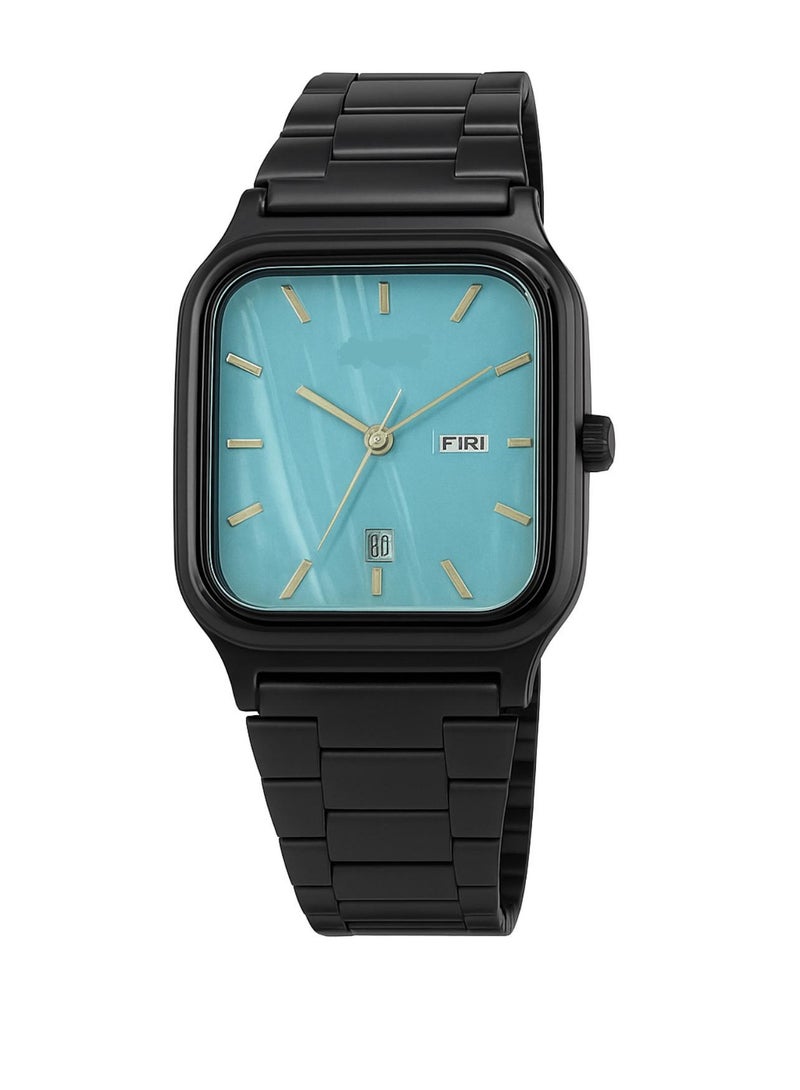 Men’s Analog Wrist Watch with Date & Day Display – Black Stainless Steel Strap, Square Blue Dial, Casual & Formal Wear 