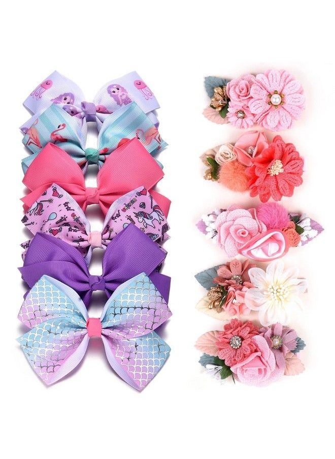 Fsmiling - 5 Inch Bulk Hair Bows For Girls Pink/Purple Flower Hair Clips For Little Girls Floral Hair Bow Toddler Kids Infants Teens Set Of 11 Pcs - Image 1