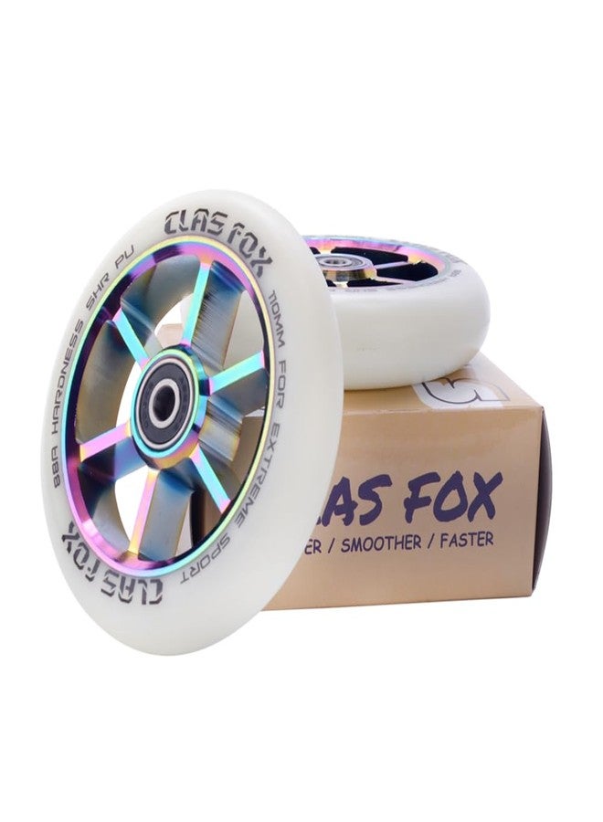CLAS FOX عجلات سكوتر CLAS FOX الاحترافية للحركات البهلوانية مقاس 110 مم، زوج واحد، مزودة بمحامل ABEC-9، قلب معدني CNC (قطعتان) (قلب من البولي يوريثان الأبيض بألوان قوس قزح) - Image 2