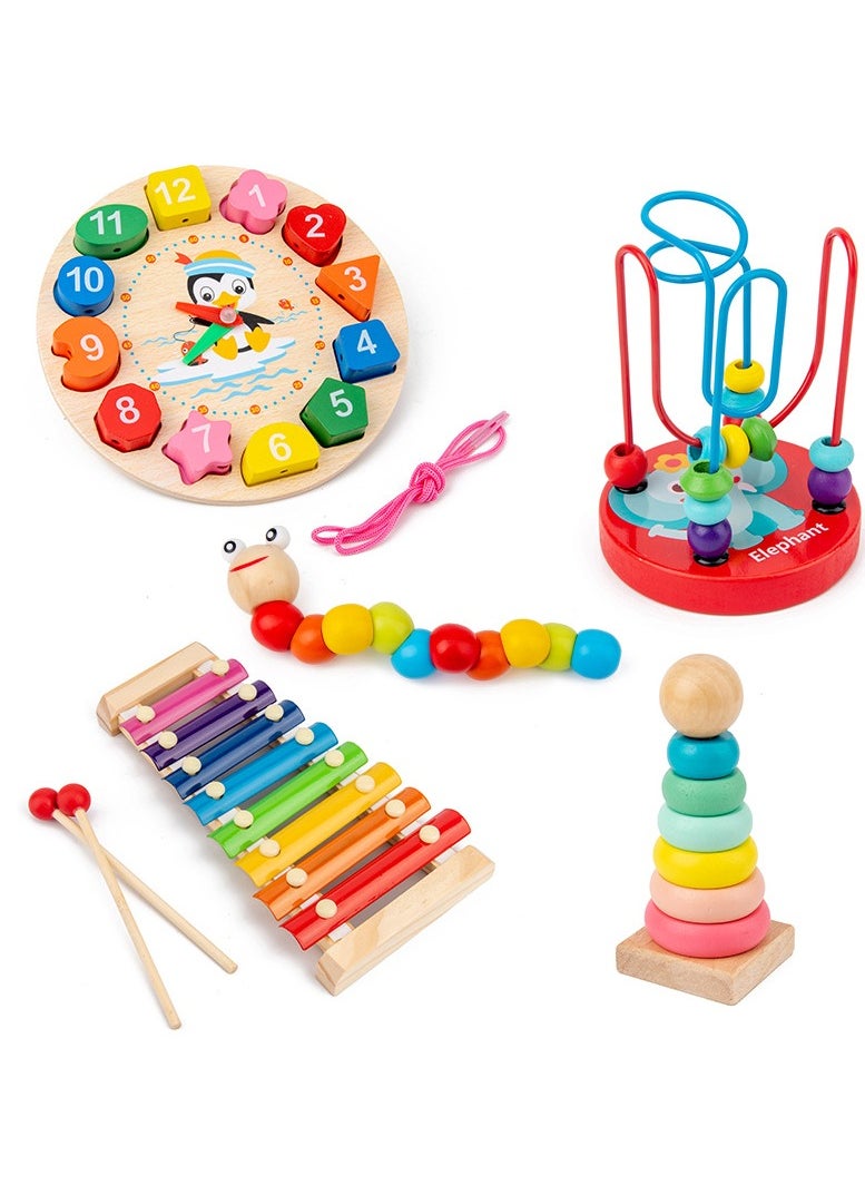 URbantin 5 in 1 Early education baby toys baby beads beads children's building block clock beating piano twist insect benefit intellectual development gifts  - Image 4