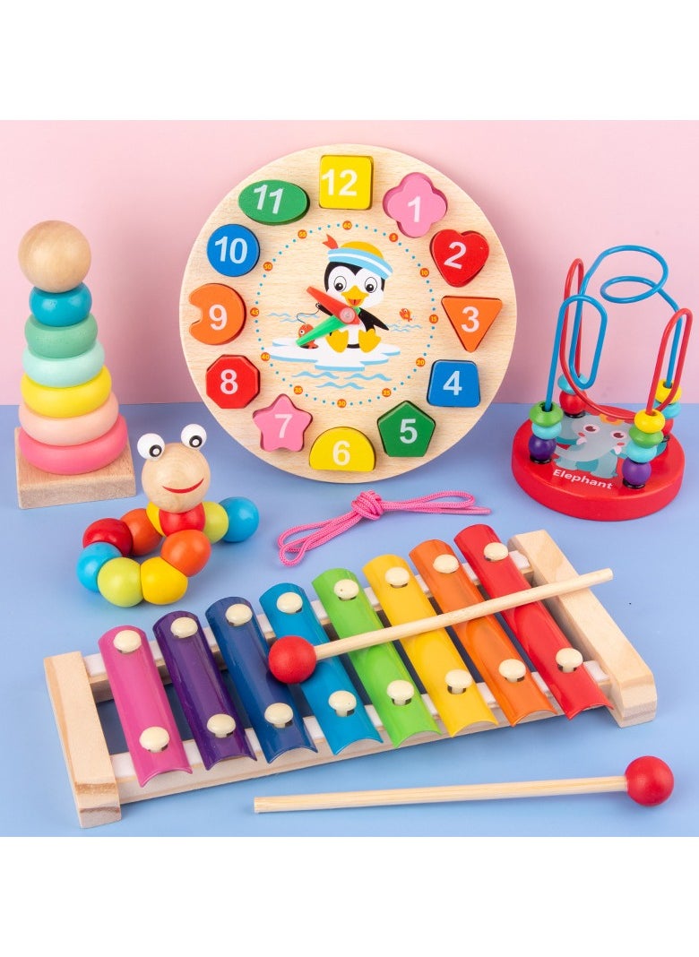 URbantin 5 in 1 Early education baby toys baby beads beads children's building block clock beating piano twist insect benefit intellectual development gifts  - Image 1