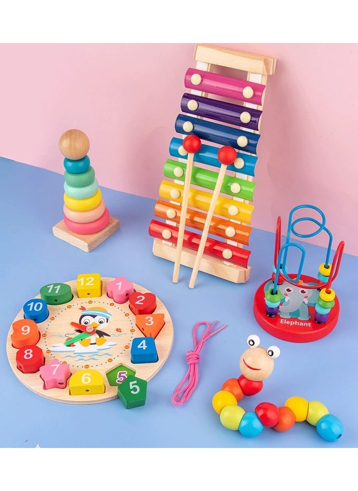 URbantin 5 in 1 Early education baby toys baby beads beads children's building block clock beating piano twist insect benefit intellectual development gifts  - Image 3