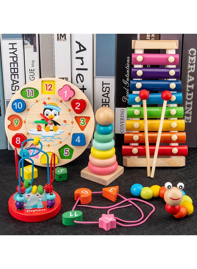URbantin 5 in 1 Early education baby toys baby beads beads children's building block clock beating piano twist insect benefit intellectual development gifts  - Image 2