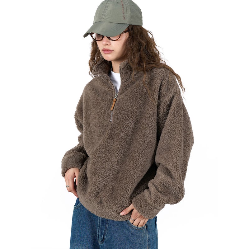 Lou Fu Autumn and Winter New Korean-style Lazy Lamb Wool Half-high Collar Sweatshirt Loose Soft Waxy Skin-friendly Warm Top for Women Brown - Image 1