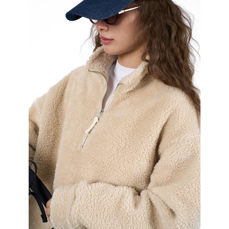 Lou Fu Autumn and Winter New Korean-style Lazy Lamb Wool Half-high Collar Sweatshirt Loose Soft Waxy Skin-friendly Warm Top for Women Brown - Image 2