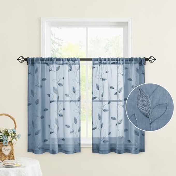 HOMEIDEAS Stone Blue Sheer Kitchen Curtains 30 X 36 Inch Length 2 Panels Embroidered Leaf Pattern Short Bathroom Window Curtains for Small Window Valance Tiers - Image 1