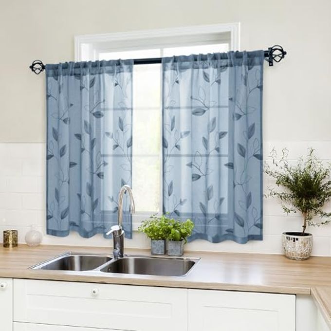 HOMEIDEAS Stone Blue Sheer Kitchen Curtains 30 X 36 Inch Length 2 Panels Embroidered Leaf Pattern Short Bathroom Window Curtains for Small Window Valance Tiers - Image 5