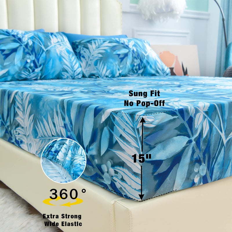 JSD Teal Blue Tropical Leaves Sheet Set Cal King  4 Piece Printed Microfiber Sheets Extra Deep Pocket Wrinkle Free - Image 3