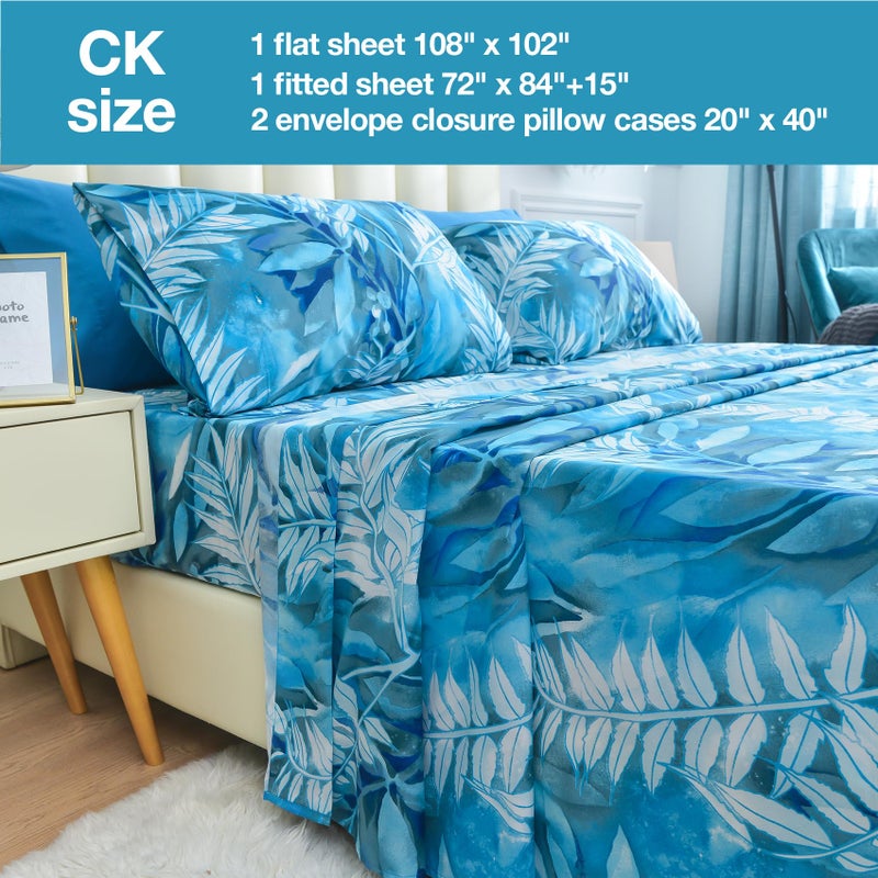 JSD Teal Blue Tropical Leaves Sheet Set Cal King  4 Piece Printed Microfiber Sheets Extra Deep Pocket Wrinkle Free - Image 5
