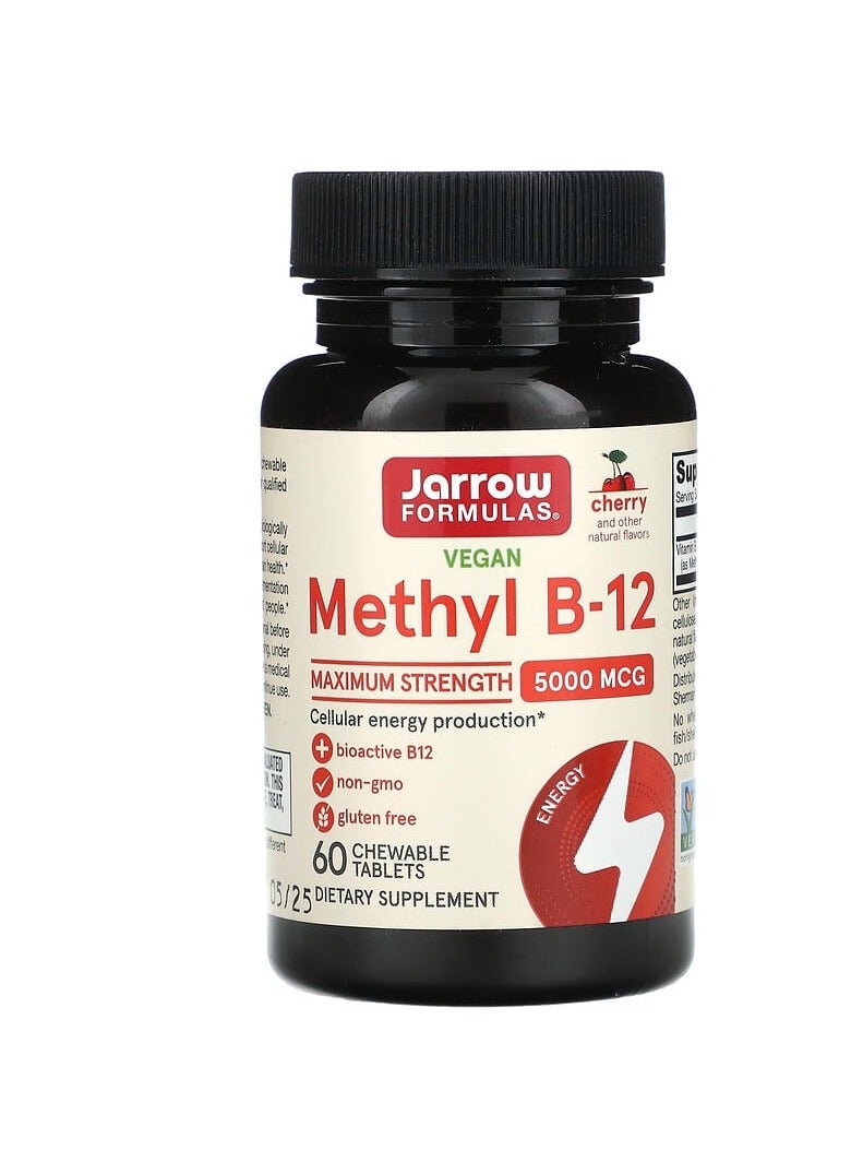 jarrow formulas Vegan Methyl B-12, Maximum Strength, Cherry, 5,000 mcg, 60 Chewable Tablets