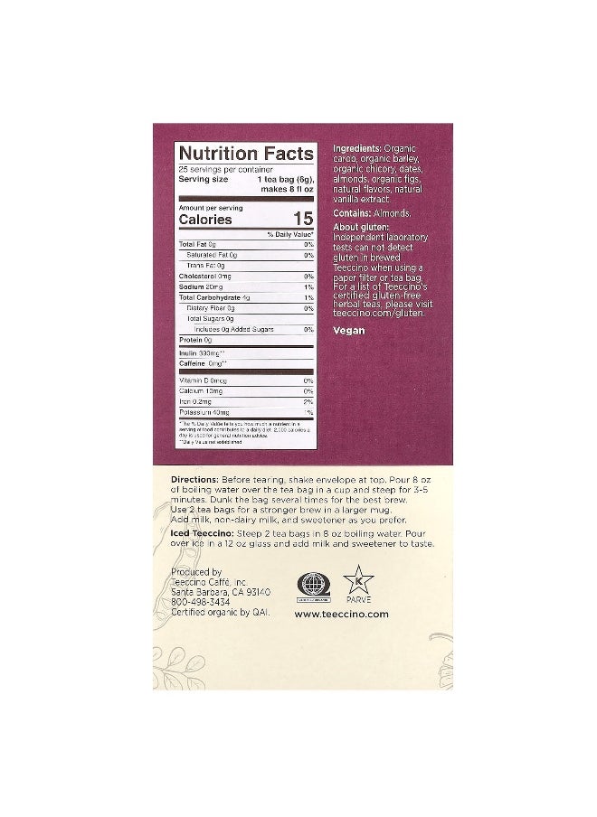 teeccino - Teeccino, Roasted Herbal Tea, Vanilla Nut, Caffeine Free, 25 Tea Bags, 5.3 oz (150 g) - Image 1