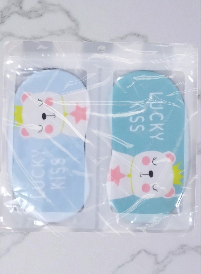 Generic 2 pieces of sleeping eye masks or other name sleeping glasses, soft and padded, made of polyester, sky blue and light green color, printed with a cute drawing and elastic strap. It is a special eye mask for sleeping or napping in the middle of the day. Suitable for use when traveling on a plane, car, or ship, or when relaxing or napping on the beach in the sun, or during a daytime nap on the living room sofa in a bright place. You can also gift it to your loved ones. - Image 4
