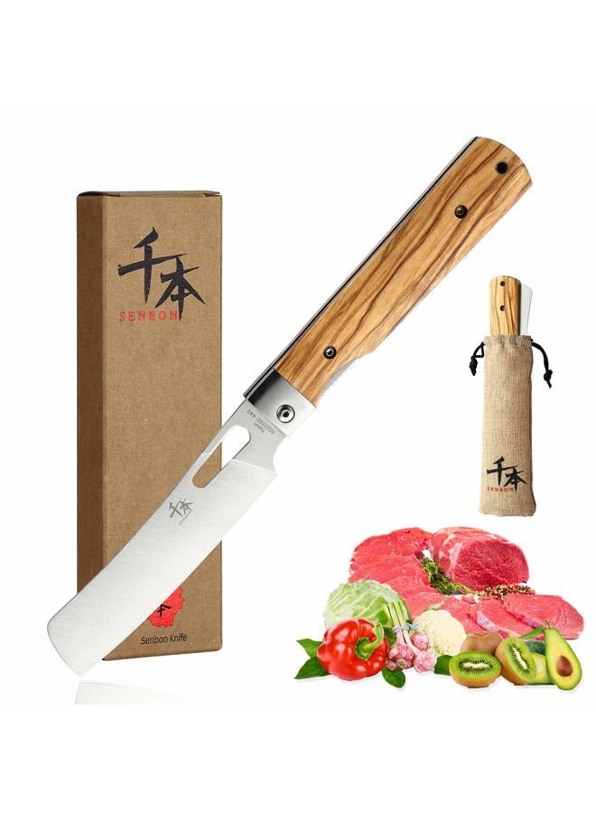 SENBON 440A stainless steel Ultra sharp pocket folding Chef knife peeling utility knife fruit knife Natural Olive Handle Camping BBQ trip Outdoor Portable kitchen knife - Image 1