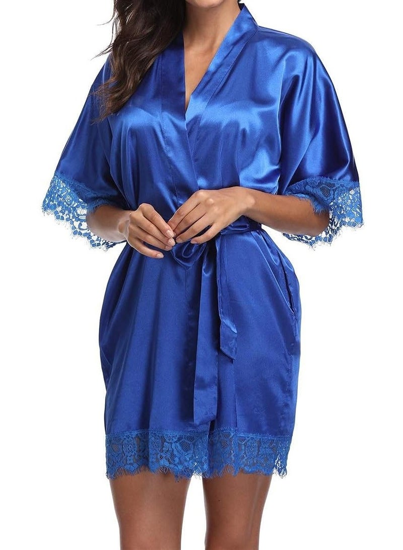 VITION طقم نوم داخلي نسائي - فستان نوم دانتيل مع روب (ميديم، أزرق) - Image 3