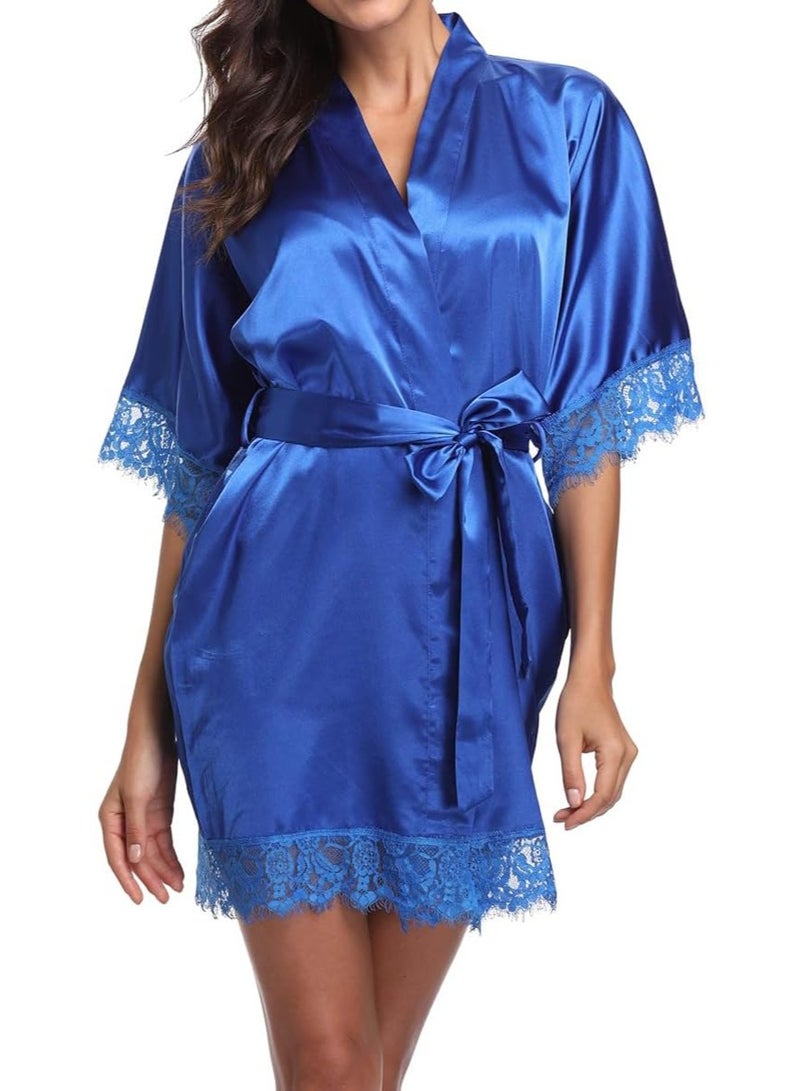 VITION طقم نوم داخلي نسائي - فستان نوم دانتيل مع روب (ميديم، أزرق) - Image 2