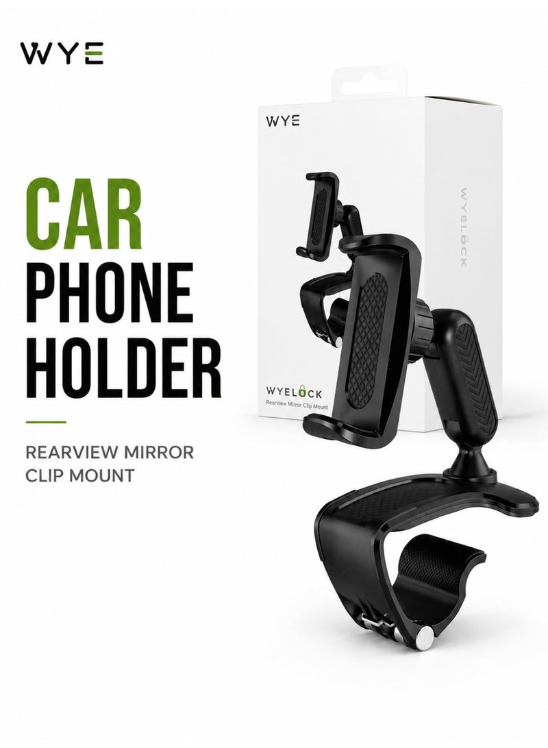 WYE Y-H44 Car Phone Holder for Rear View Mirror | 360° Rotating Mobile Phone Mount with Adjustable Arm | Universal Car Smartphone Holder for iPhone Samsung Huawei Xiaomi Android Devices - Image 1