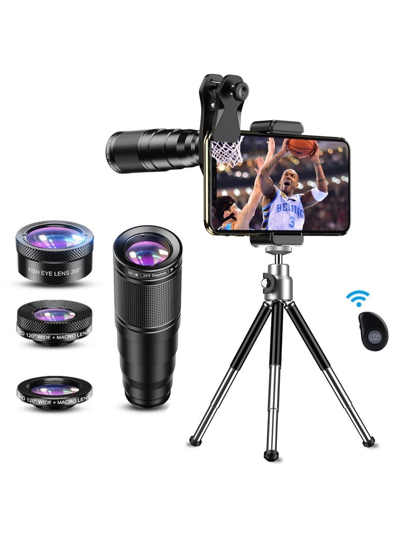 APEXEL APEXEL 4 in 1 Optic HD Phone Camera Lens Kit Telephoto Zoom Monocular Telescope 22X Lens + Macro Wide Fisheye With Remote Tripod  - Image 1
