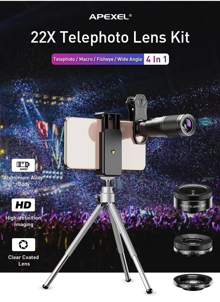 APEXEL APEXEL 4 in 1 Optic HD Phone Camera Lens Kit Telephoto Zoom Monocular Telescope 22X Lens + Macro Wide Fisheye With Remote Tripod  - Image 4