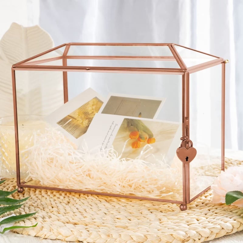 WHSLILR 12.6 "" Card Card Box Card Card Box مع قفل لحضور حفل زفاف ، ديكور مستحضرات التجميل المصنوعة يدويًا تيراريوم هندسي كبير مع إطار نحاسي مفصلي - (الذهب/السقف الوردي) - Image 3