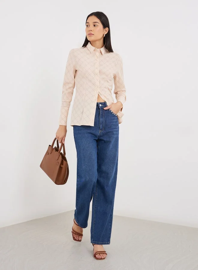 Styli Women Beige Plaid Fitted Shirt