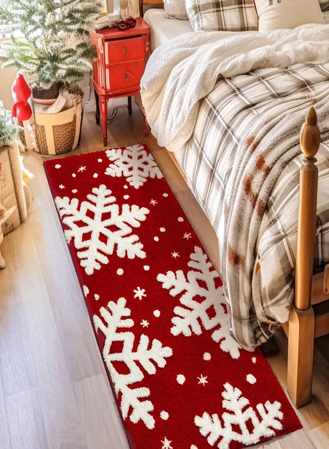 DEXDE Christmas Bathroom Decor Red Bathroom Rugs Runner Cute Bath Mat Non-Slip White Snow Christmas Home Decorations Microfiber Absorbent Shower Rug for Bathtub, 24”x60” - Image 3
