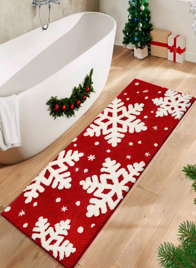 DEXDE Christmas Bathroom Decor Red Bathroom Rugs Runner Cute Bath Mat Non-Slip White Snow Christmas Home Decorations Microfiber Absorbent Shower Rug for Bathtub, 24”x60” - Image 2