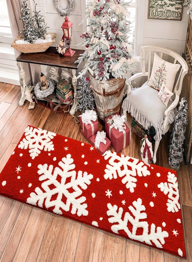 DEXDE Christmas Bathroom Decor Red Bathroom Rugs Runner Cute Bath Mat Non-Slip White Snow Christmas Home Decorations Microfiber Absorbent Shower Rug for Bathtub, 24”x60” - Image 1