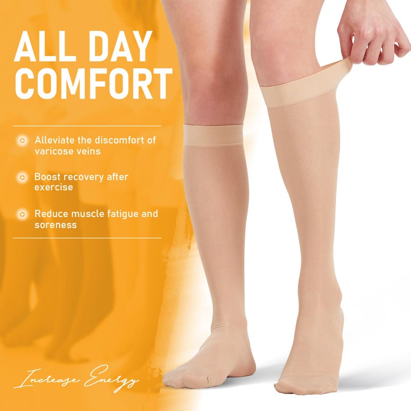 BSERA 2 Pairs Sheer Compression Socks for Women - 15-20 mmHg Knee High Sheer Compression Stockings for Support Circulation Swelling Edema Work Office Travel, Beige, Medium - Image 5