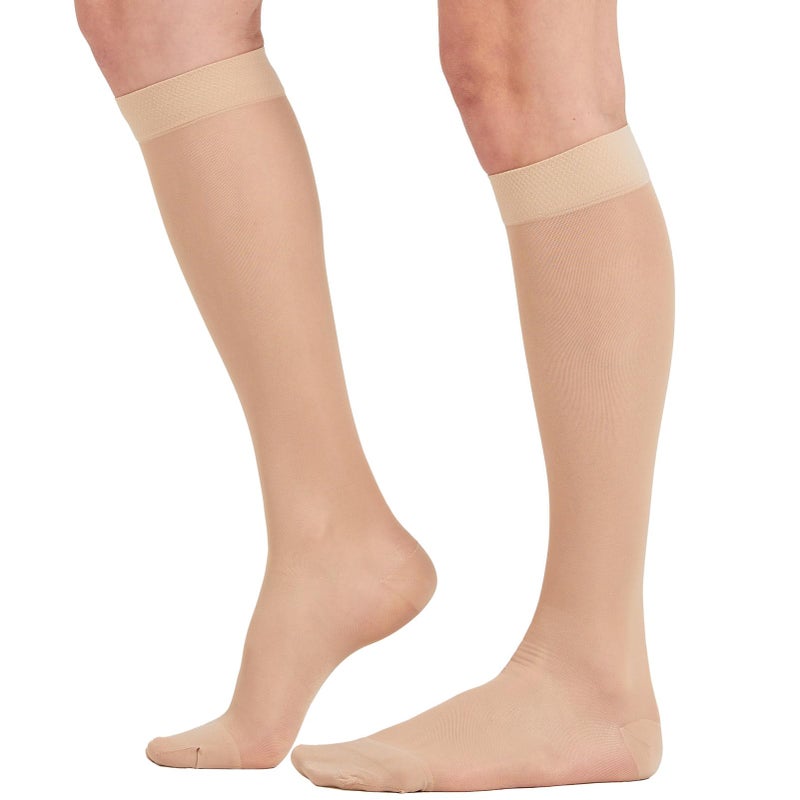 BSERA 2 Pairs Sheer Compression Socks for Women - 15-20 mmHg Knee High Sheer Compression Stockings for Support Circulation Swelling Edema Work Office Travel, Beige, Medium - Image 1